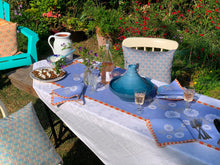 Load image into Gallery viewer, Carrageen Dream Table Runner in orange and beige on a sky blue  background on 100% Irish Linen. 140cm x 40cm. Designbybell.ie