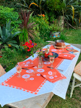 Load image into Gallery viewer, Carrageen Dream Table Runner burnt orange background on 100% Irish Linen. 140cm x 40cm. Designbybell.ie