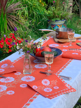 Load image into Gallery viewer, Carrageen Dream Table Runner burnt orange background on 100% Irish Linen. 140cm x 40cm. Designbybell.ie