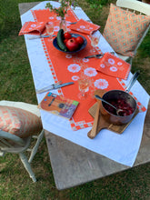 Load image into Gallery viewer, Carrageen Dream Table Runner burnt orange background on 100% Irish Linen. 140cm x 40cm. Designbybell.ie