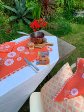 Load image into Gallery viewer, Carrageen Dream Table Runner burnt orange background on 100% Irish Linen. 140cm x 40cm. Designbybell.ie