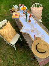 Load image into Gallery viewer, Carrageen Dream Table Runner in yellow and beige on white on 100% Irish Linen. 140cm x 40cm. Designbybell.ie