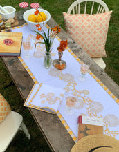 Load image into Gallery viewer, Carrageen Dream Table Runner in yellow and beige on white on 100% Irish Linen. 140cm x 40cm. Designbybell.ie