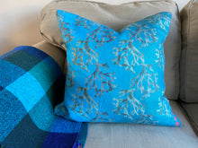 Load image into Gallery viewer, Luxe Cushion Carrigeen Dream seaweed motif on Linen/Cotton in Sky Blue  designed by Karen Bell designbybell and printed and made in IReland sustainably on ecofriendly pigment inks