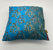 Load image into Gallery viewer, Luxe Cushion Carrigeen Dream seaweed motif on Linen/Cotton in Sky Blue  designed by Karen Bell designbybell and printed and made in IReland sustainably on ecofriendly pigment inks