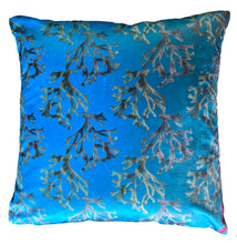 Load image into Gallery viewer, Luxe Cushion Carrigeen Dream seaweed motif on Shimmer Velvet in Sky Blue  designed by Karen Bell designbybell and printed and made in IReland sustainably on ecofriendly pigment inks