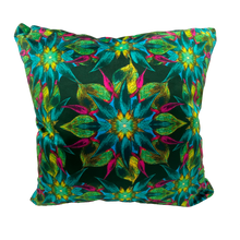 Load image into Gallery viewer, Kaleidoscope Eye Cushion in Shades of green Yellow and Fuschia on Shimmer Velvet By Karen Bell of Designbybell
