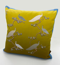 Load image into Gallery viewer, Luxe Cushion Peacocks Muster in Shades of White and Mustard Ombré on Linen/Cotton designed by Karen Bell designbybell and printed and handmade in Ireland sustainably on ecofriendly pigment inks