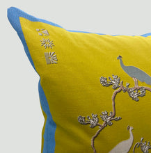 Load image into Gallery viewer, Luxe Cushion Peacocks Muster in Shades of White and Mustard Ombré on Linen/Cotton designed by Karen Bell designbybell and printed and handmade in Ireland sustainably on ecofriendly pigment inks