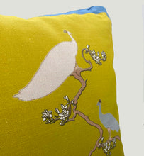 Load image into Gallery viewer, Luxe Cushion Peacocks Muster in Shades of White and Mustard Ombré on Linen/Cotton designed by Karen Bell designbybell and printed and handmade in Ireland sustainably on ecofriendly pigment inks
