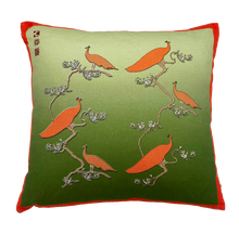 Load image into Gallery viewer, Peacocks Muster in Orange & Leaf Green Ombré on Linen Cotton