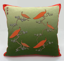 Load image into Gallery viewer, Luxe Cushion Peacocks Muster in Orange and Leaf Green on Linen/Cotton designed by Karen Bell designbybell and printed and made in Ireland sustainably on ecofriendly pigment inks