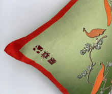 Load image into Gallery viewer, Luxe Cushion Peacocks Muster in Orange and Leaf Green on Linen/Cotton designed by Karen Bell designbybell and printed and made in Ireland sustainably on ecofriendly pigment inks