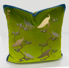 Load image into Gallery viewer, Luxe Cushion Peacocks Muster in Peagreen Ombré on Velvet designed by Karen Bell designbybell and printed and handmade in Ireland sustainably on ecofriendly pigment inks