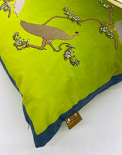 Load image into Gallery viewer, Luxe Cushion Peacocks Muster in Peagreen Ombré on Velvet designed by Karen Bell designbybell and printed and handmade in Ireland sustainably on ecofriendly pigment inks