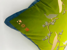 Load image into Gallery viewer, Luxe Cushion Peacocks Muster in Peagreen Ombré on Velvet designed by Karen Bell designbybell and printed and handmade in Ireland sustainably on ecofriendly pigment inks