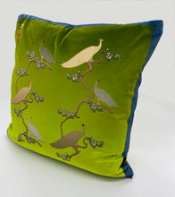 Load image into Gallery viewer, Luxe Cushion Peacocks Muster in Peagreen Ombré on Velvet designed by Karen Bell designbybell and printed and handmade in Ireland sustainably on ecofriendly pigment inks