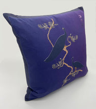Load image into Gallery viewer, Luxe Cushion Peacocks Muster in Deep Purple  on Linen/Cotton designed by Karen Bell designbybell and printed and handmade in Ireland sustainably on ecofriendly pigment inks
