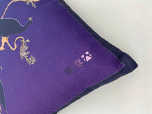 Load image into Gallery viewer, Luxe Cushion Peacocks Muster in Deep Purple  on Linen/Cotton designed by Karen Bell designbybell and printed and handmade in Ireland sustainably on ecofriendly pigment inks