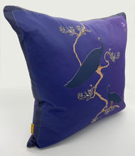 Load image into Gallery viewer, Luxe Cushion Peacocks Muster in Deep Purple  on Matt Satin designed by Karen Bell designbybell and printed and handmade in Ireland sustainably on ecofriendly pigment inks