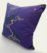 Load image into Gallery viewer, Luxe Cushion Peacocks Muster in Deep Purple  on Matt Satin designed by Karen Bell designbybell and printed and handmade in Ireland sustainably on ecofriendly pigment inks