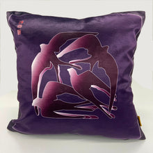 Load image into Gallery viewer, Luxe Cushion Art Deco Swallows Wheel in Aubergine & Purple on Shimmer Velvet designed by Karen Bell designbybell and printed and handmade in Ireland sustainably on ecofriendly pigment inks