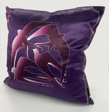 Load image into Gallery viewer, Luxe Cushion Art Deco Swallows Wheel in Aubergine & Purple on Shimmer Velvet designed by Karen Bell designbybell and printed and handmade in Ireland sustainably on ecofriendly pigment inks