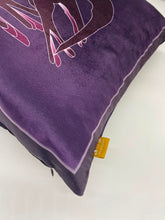 Load image into Gallery viewer, Luxe Cushion Art Deco Swallows Wheel in Aubergine & Purple on Shimmer Velvet designed by Karen Bell designbybell and printed and handmade in Ireland sustainably on ecofriendly pigment inks