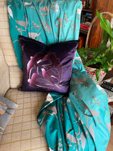 Load image into Gallery viewer, Luxe Cushion Art Deco Swallows Wheel in Aubergine & Purple on Shimmer Velvet designed by Karen Bell designbybell and printed and handmade in Ireland sustainably on ecofriendly pigment inks