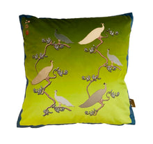Load image into Gallery viewer, Luxe Cushion Peacocks Muster in Peagreen Ombré on Velvet designed by Karen Bell designbybell and printed and handmade in Ireland sustainably on ecofriendly pigment inks