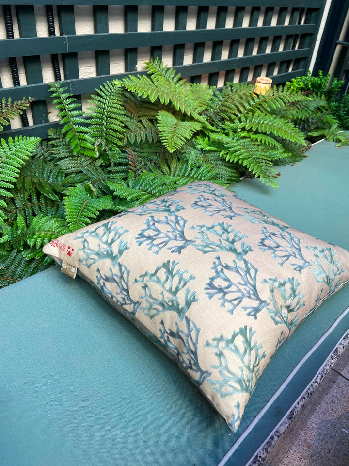 Cushion Carrigeen Dream on luxurious Linen Cotton Designed by Karen Bell designbybell and printed and handmade in Ireland using sustainable ecofriendly pigment inks